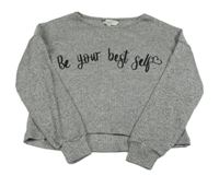 Sivé rebrované úpletové crop tričko s nápisom E-Vie