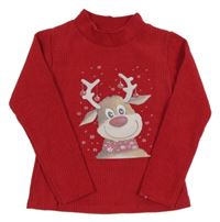 Červená rebrovaná zamatová mikina so sobom