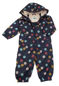 Tmavomodrá šusťáková jarní kombinéza s barevnými puntíky a kapucí F&F