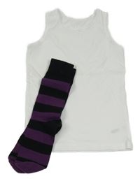 2 set - biela košilka + fialovo-čierne pruhované ponožky