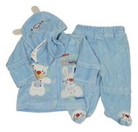 Nové - 3 set - modré zamatové polodpuky + prepínaci tričko s medvědem + čapica s čumákem + rukavice