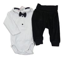 2 set - čierne zamatové tepláky + biele body s motýlkom H&M