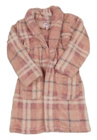 Ružovo-bielo-sivý kockovaný plyšový župan