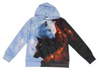 Světlemodro-černo-červená mikina s vlky a kapucí 