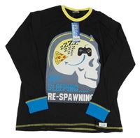 Nové - Černé pyžamové triko s lebkou a nápisy 