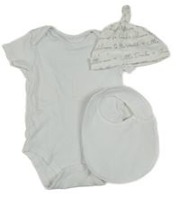 3set - biele body + biely bryndák + biela čapica s nápismi