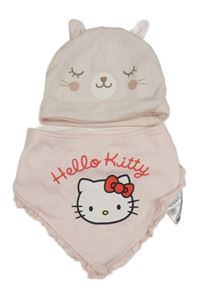 2set - Světlerůžová žebrovaná čepice s čumákem + slinták s Hello Kitty