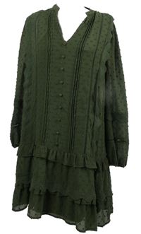 Dámske khaki vzorované šifónové šaty s čipkovymi volániky Love&Roses