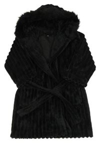 Černý chlupatý žebrovaný župan s kapucí 