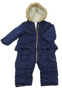 Tmavomodrá šusťáková zimní kombinéza se srdíčky a kapucí Mothercare