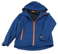 Tmavomodro-oranžová šusťáková jarní bunda s nápisem a kapucí 