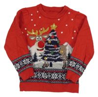 Červený pletený sveter so sobom a stromkem Dunnes Stores