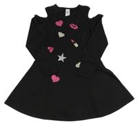 Černé šaty s obrázky, flitry a volnými rameny H&M