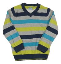 Sivo-tmavomodro-limetkový pruhovaný sveter F&F