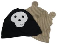 Nové - 2x Béžová pruhovaná čepice s oušky + černá čepice s lebkou 