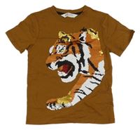 Hnědé tričko s tygrem z flitrů H&M