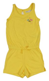 Žltý bavlnený kraťasový overal s plameňákem Pocopiano