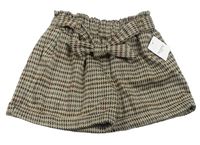 Béžovo-tmavohnědo/šedo-černé vzorované paper bag úpletové kraťasy se zavazováním Nutmeg