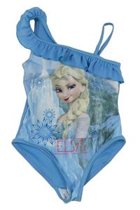 Modro-biele jednodielne asymetrické plavky s Elsou a volánikom Disney