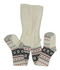 Bielo-tmavošedo-sivé pančuchy so vzorom a vločkami a srdiečkami PRIMARK