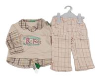 Nové - 2Set - Světlerůžové tričko s číslem a nápisy a všitou kostkovanou halenkou + světlerůžovo/bílo/hnědé kostkované kalhoty Benetton
