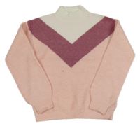 Svetloružová -vínovo-biely rebrovaný svetrový rolák PRIMARK