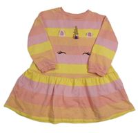 Růžovo-broskvovo-meruňkovo-žluté pruhované teplákové šaty s jednorožcem s flitry F&F