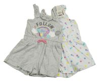 Nové - 2x - Kraťasový overal s mašlí a volánky - Šedý melírovaný s duhou, bílý puntíkatý George