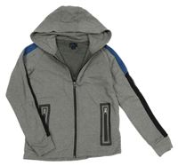 Šedá melírovaná thermo propínací mikina s černo-modrým pruhem a kapucí alive