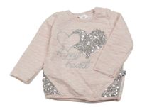 Svetloružová -biela melírovaná bodkovaná á mikina so srdiečkami a flitrami a nápismi bebico