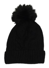 Černá vzorovaná pletená zateplená čepice s bambulí 