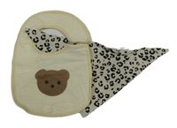 2Set - Smetanový mušelínový bryndák s medvídkem + světlebéžovo/černý vzorovaný šátek/slinták