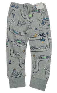 Nové - sivé melírované tepláky s autami a monster trucky a stavebními stroji F&F