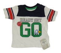 Nové - bielo-tmavomodré tričko s nápismi a autom a pruhmi PRIMARK