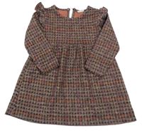 Hnedo-tmavohnědo-oranžovo-ružové kockované šaty s volánikmi ZARA