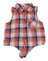 Červeno-bílo-safírovo-tmavomodrá kostkovaná letní crop halenka H&M