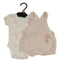 Nové - 2Set - Svetloružová -biele pruhované krepové na traké kraťasy s 3D mořským koníkem + bílo/světlerůžovo/hnědé body F&F