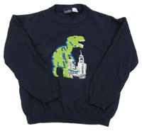 Tmavomodrý sveter s dinosaurem z flitrů lupilu