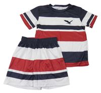 2Set - Tmavomodro-bílo-červené pruhované sportovní tričko s orlem + kraťasy 