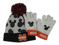 2Set - Šedo-černá melírovaná čepice s Mickey a bambulí + prstové rukavice Disney