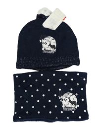 Nové - 2set - Tmavomodrá pletená čapica s Minnie a mašlí + puntíkatý nákrčník Disney