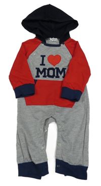 Sivo-červeno-tmavomodrá kombinéza s nápisom a kapucňou