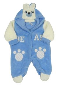 Modro-smotanová chlpatá kombinéza s kapucí - medvěď