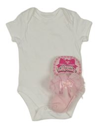 2set - Bílé body + růžové ponožky s tylem a mašlí