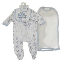 Nové - 5set - Bílo modré body s hvězdami + overal se lvy + slinták se lvem + čepice + ponožky