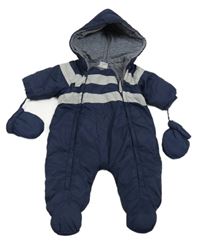 Tmavomodrá šusťáková zimní kombinéza s pruhy a kapucí + rukavice Mamas&Papas