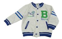 Šedá melírovaná propínací mikina s nápisy a modrým lemem Topomini