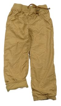 Hnědé plátěné podšité kalhoty s úpletovým pasem 