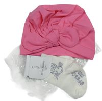 Nové - 2 set - bílé ponožky s králíky + růžová turbanová čepice 