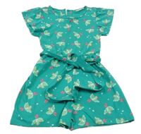 Zelený kraťasový overal s ptáčky a páskem kids